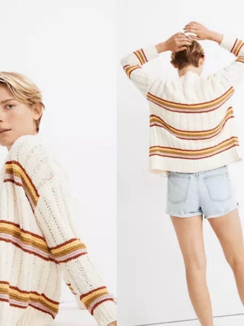 Madewell Cream Striped Open-Knit Sweater with Mustard & Rust Accents, Size Small